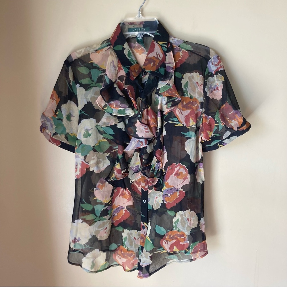 Lauren Ralph Lauren Women’s Sheer Button-up Floral Blouse Top; Size XL